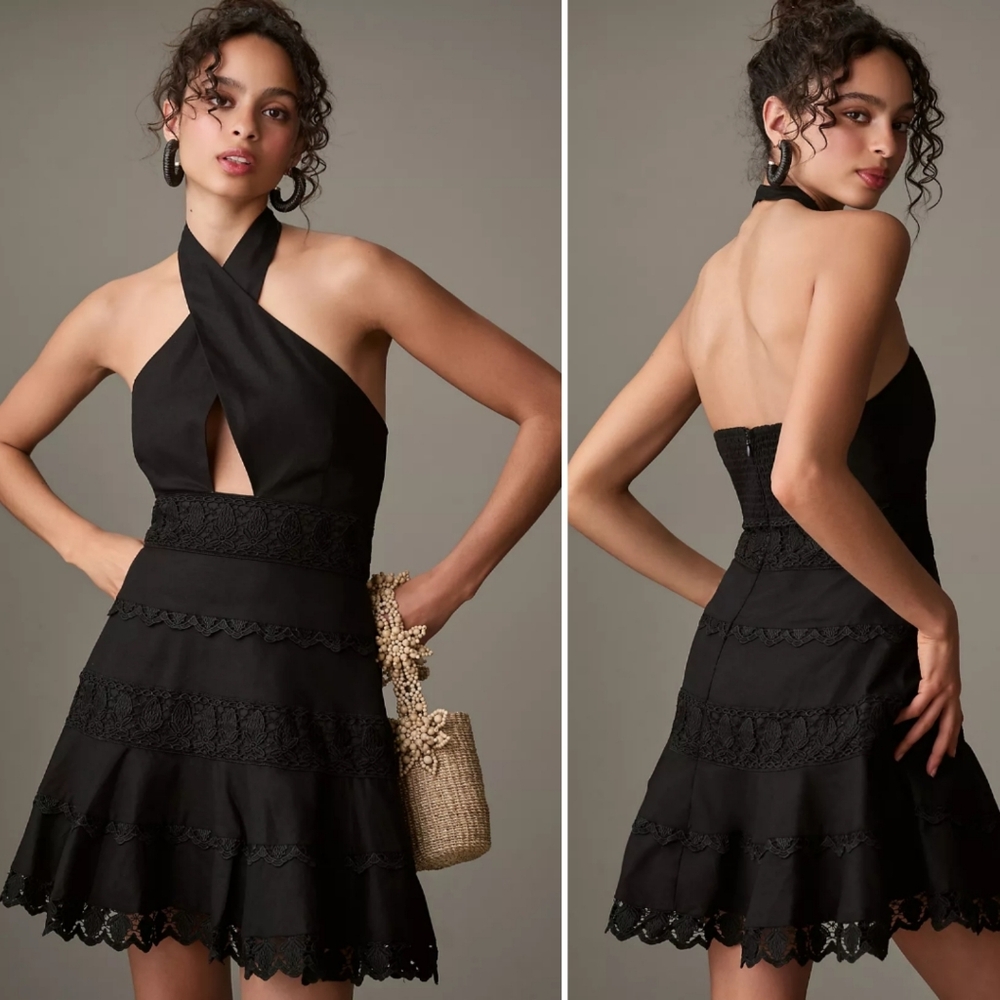Anthropologie Black Halter Mini Dress with Lace Trim